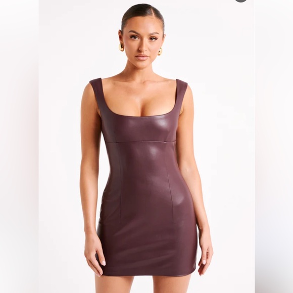 ☑️NWT Meshki CARA Faux Leather Mini Dress Dark Chocolate Sz L - Picture 4 of 12